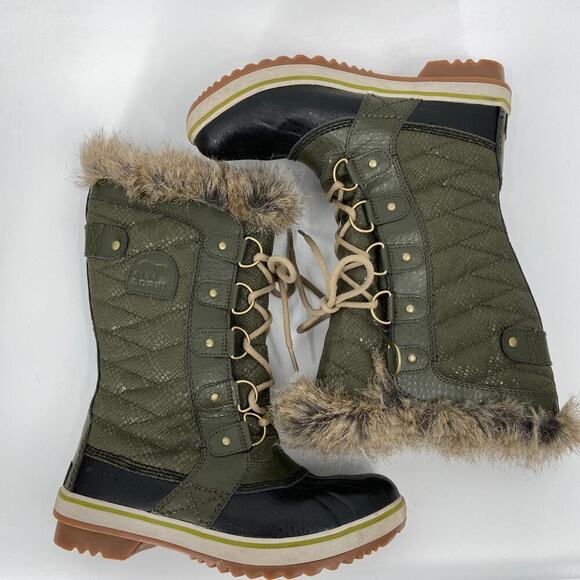 Sorel Tofino II Boots Waterproof Waxed Canvas Faux Fur Green Women's Size 6 - Picture 2 of 12
